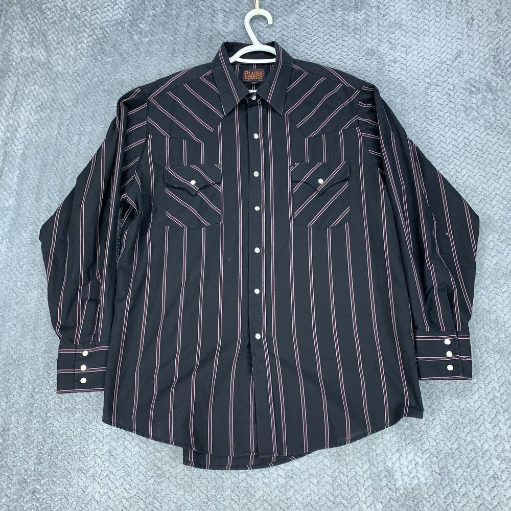 Plains Western Wear Button Up Shirt Men's Size Large Black Striped Pearl Snap *
